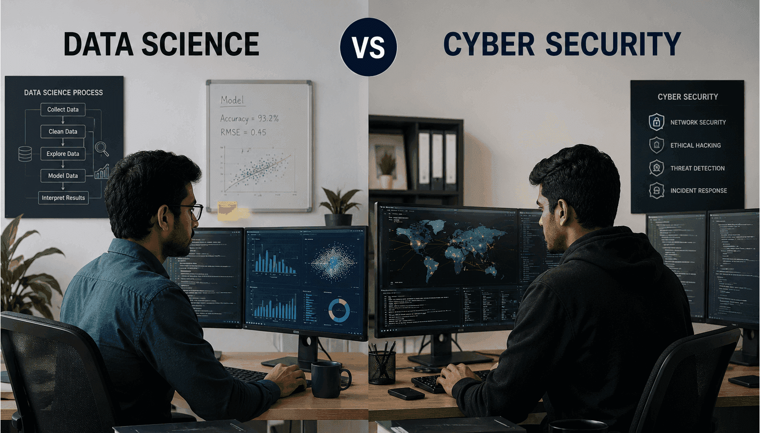 Data Science vs Cybersecurity career comparison showing professionals working with analytics dashboards and network security tools, helping students choose the best cyber security course in Kerala.