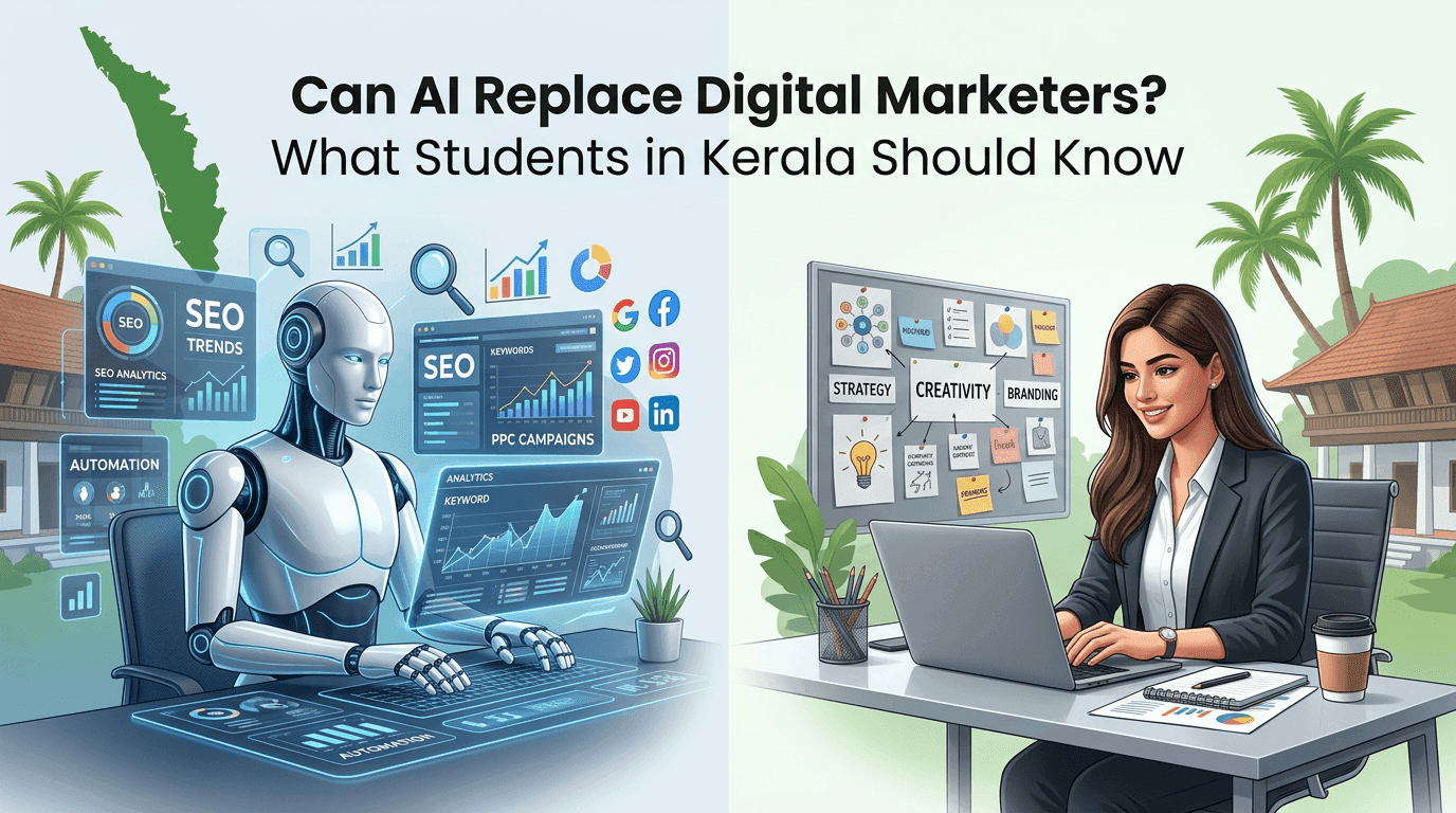 AI vs human digital marketer comparison showing automation, SEO analytics, creativity, and strategy in an ai-integrated digital marketing course Kerala context.