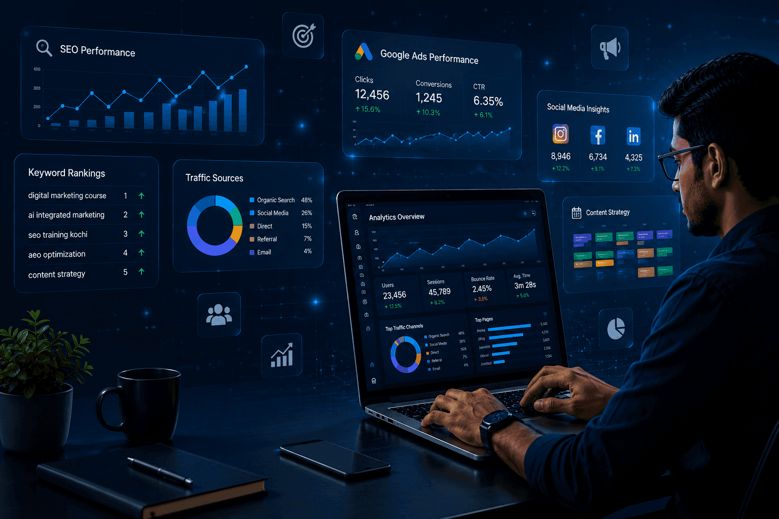 Best digital marketing course in Kochi featuring a professional working on SEO analytics, Google Ads performance, website traffic reports, keyword rankings, and digital marketing dashboards in a modern workspace.