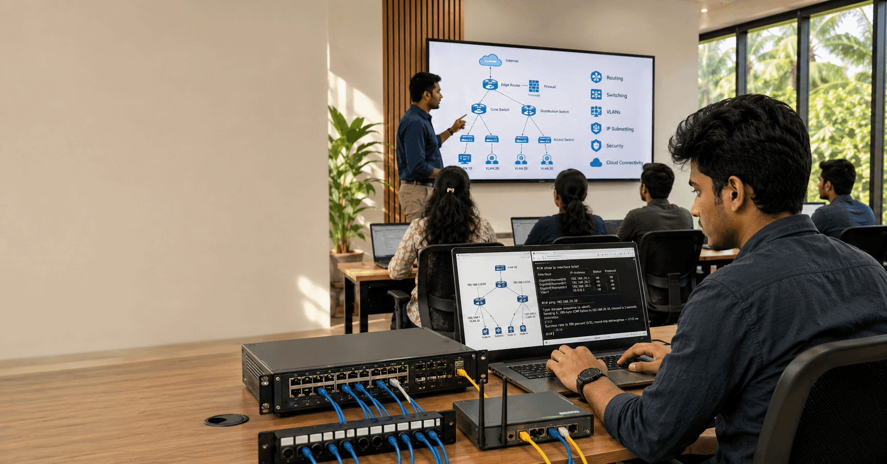 Students learning networking concepts in a modern IT lab during a CCNA course in Kochi, practicing with routers, switches, and real-world network configurations.