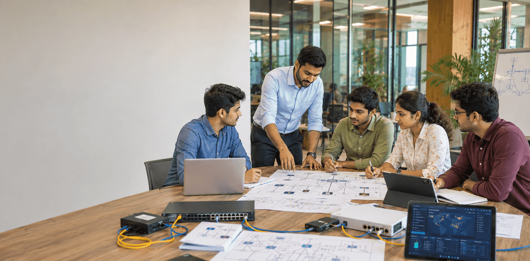 Young Indian students collaborating with an instructor on network security diagrams and cybersecurity dashboards in a modern IT training lab, representing a hands-on Cyber Security Course in Kochi.