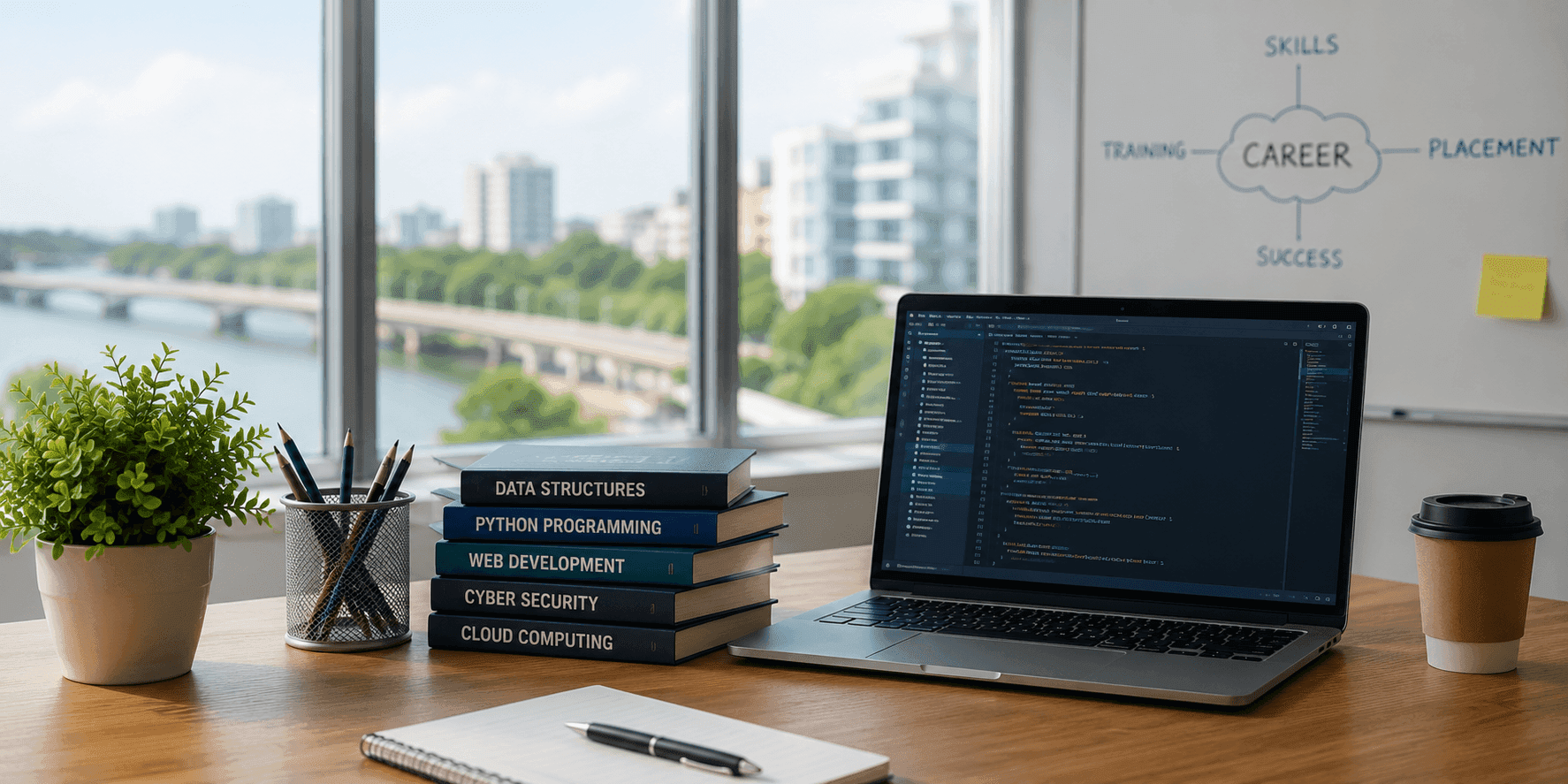 A modern IT training workspace with a laptop displaying programming code, software development books, and a bright learning environment representing a full stack development course in Kochi with hands-on training and career-focused learning.