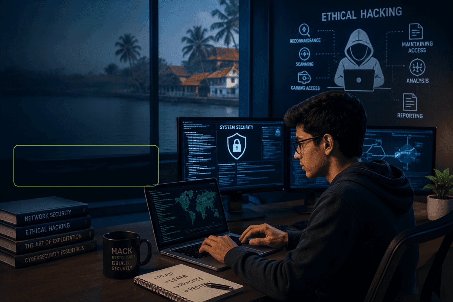 Student wearing a black hoodie practicing cybersecurity concepts on multiple monitors in a modern lab, representing an ethical hacking course in Kochi with hands-on learning and network security training.