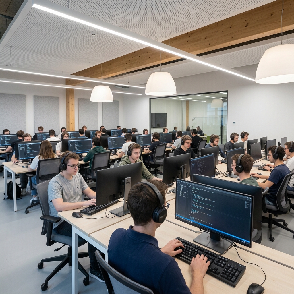 Computer lab with students coding